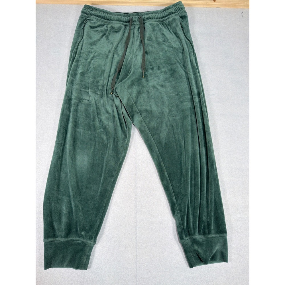 Mens Forest Green Velour Joggers Drawstring Elastic Waist Zipper Pockets L